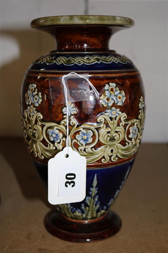 Doulton Lambeth foliate-embossed stoneware baluster vase, EB (Ethel Beard) monogram